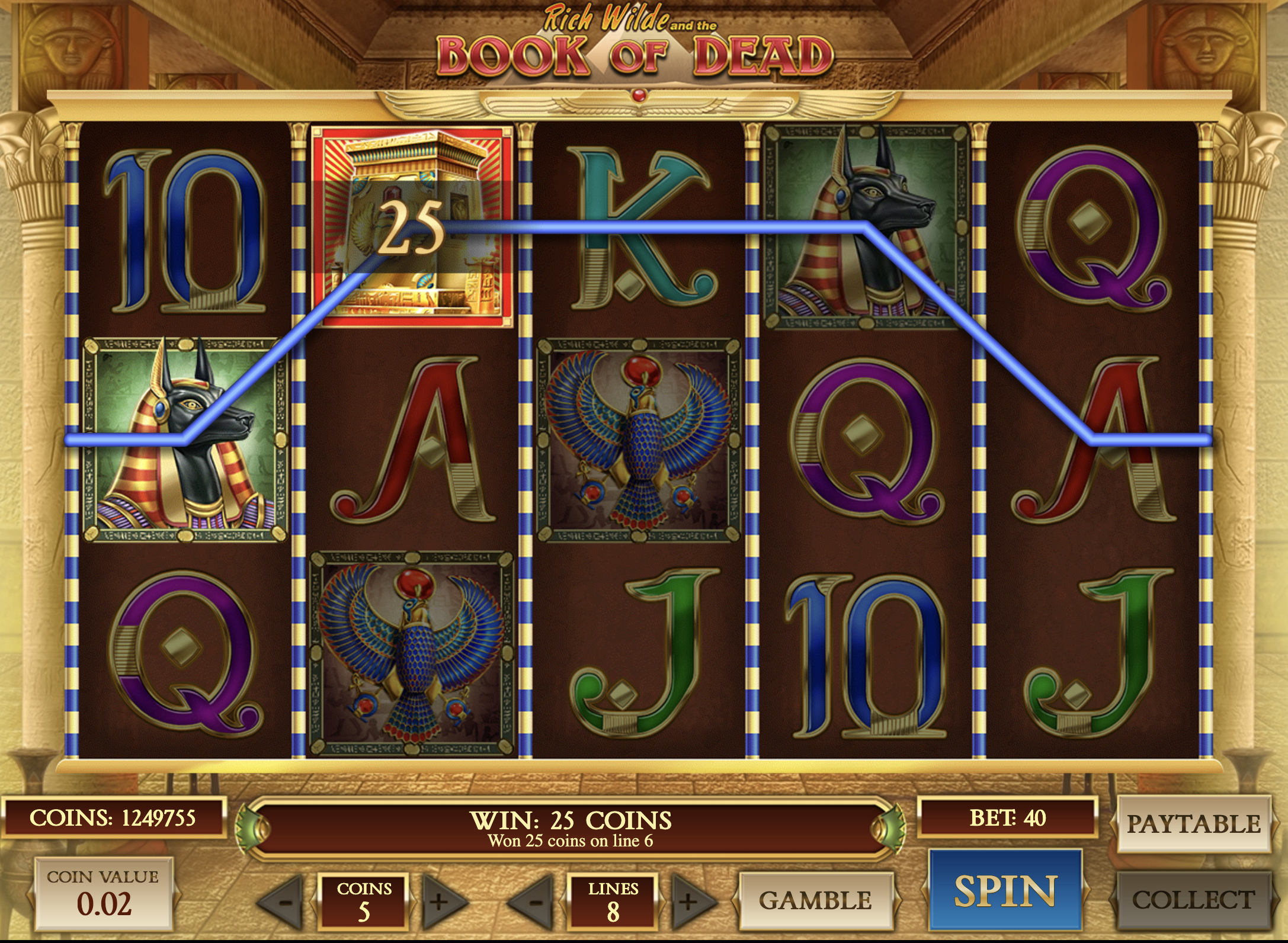 Book of the Dead Gewinn-Screenshot mit Book Wild/Scatter-Symbolen bei BlitzBet
