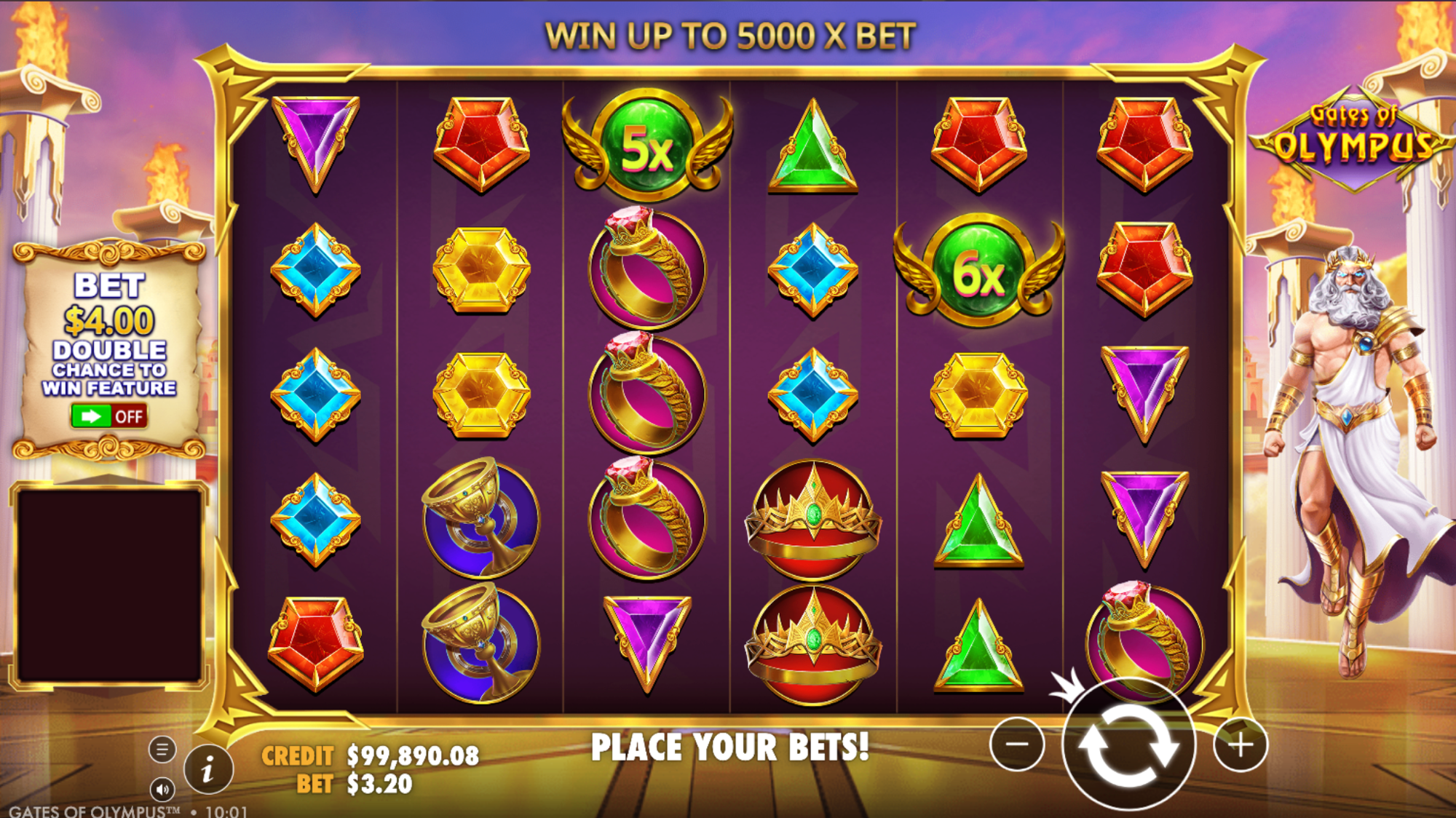 Gates of Olympus Gameplay-Screenshot mit Multiplikator-Orbs 5x und 6x auf dem 6x5-Raster bei Einsatz 3,20 €