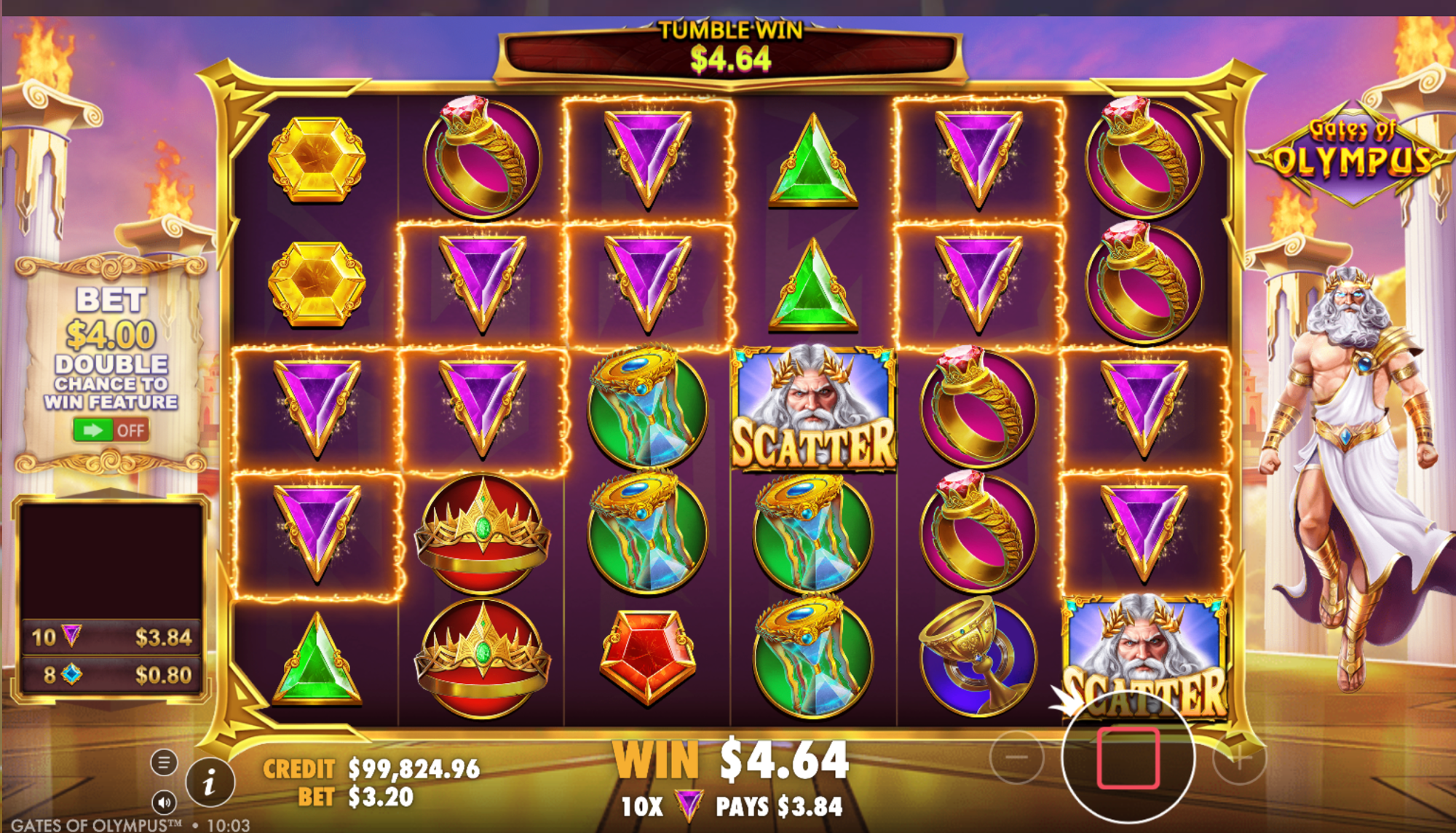 Gates of Olympus Gameplay-Screenshot zeigt GEWINN 3,20 € mit Zeus-Scatter-Symbolen auf dem Raster